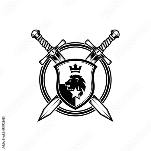Lion Crest Shield with Crossed Swords Emblem Design.