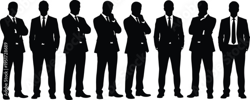 Businessman silhouette set, professional corporate men in suits, leadership team icons, executive office worker poses, and successful business person vectors.