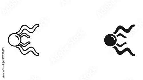 Abstract spherical object with wavy appendages, vector icons, line art, and filled silhouette