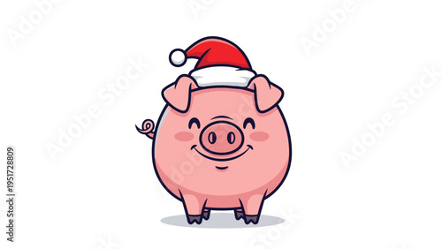 Adorable pink pig character with a smiling face and rosy cheeks wearing a red and white Santa Claus hat for Christmas holiday designs.