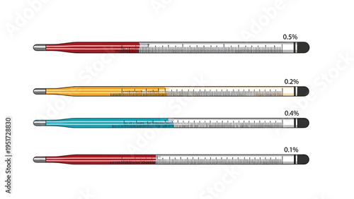 Row of four medical thermometers with different colored liquids and percentage labels for data visualization.