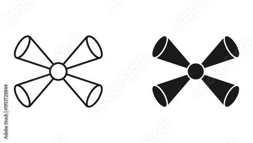 Line art and silhouette icons of a four-pointed propeller or star shape with conical arms, isolated on white