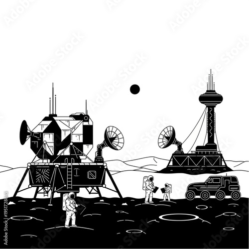 Lunar Base Illustration - Astronauts, Lander, Rover, and Habitat.