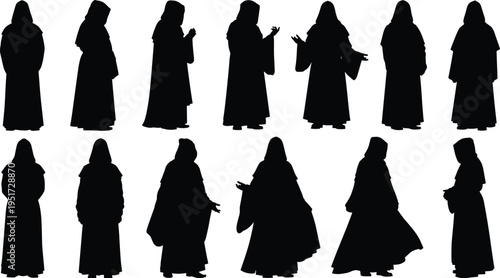 Collection of mysterious hooded figure silhouettes in long robes and capes featuring various poses for fantasy horror and medieval historical design projects