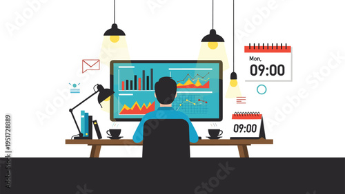 Back view of a businessman working at a desk with a computer monitor displaying various financial charts and graphs.