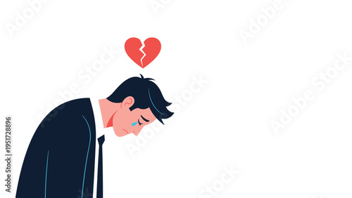 Sad businessman in a dark suit looking down with a tear and a broken red heart icon floating above his head.