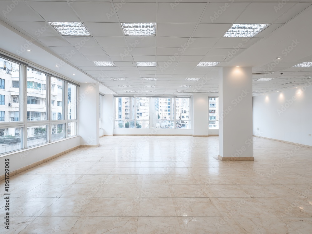 Fototapeta premium Empty Modern Office Space with Large Windows and Polished Floors, Ready for Occupancy