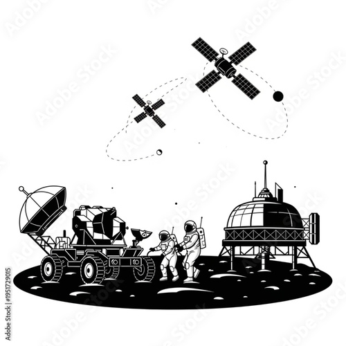 Lunar Exploration Scene with Astronauts and Rover Illustration.