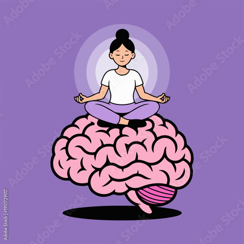 Person meditating calmly atop a giant pink brain illustration symbolizes achieving mental clarity and inner peace through mindfulness practices.