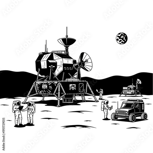 Lunar Module and Astronauts on the Moons Surface Illustration.