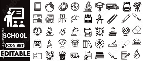 School icon set. featuring education, book, pen, classroom, students, teacher and more. Education and knowledge symbol. perfect flat icon collection.Vector collection