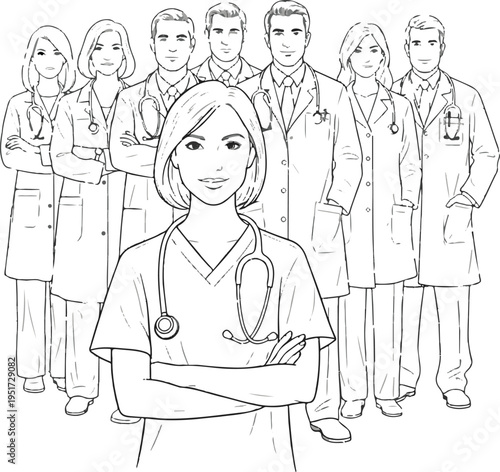 Diverse Group of Medical Professionals and Doctors Team Illustration, Line Art Vector