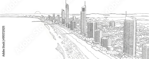 Panoramic line drawing of a coastal city skyline with tall buildings