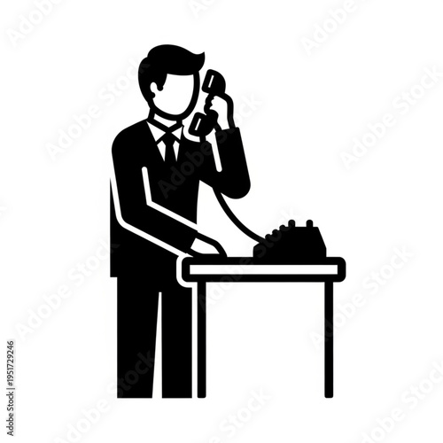 Man in Suit Answering Phone at Desk Illustration.