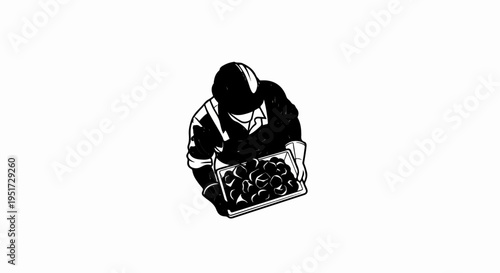 Person in black attire holding a tray of dark, irregular shapes