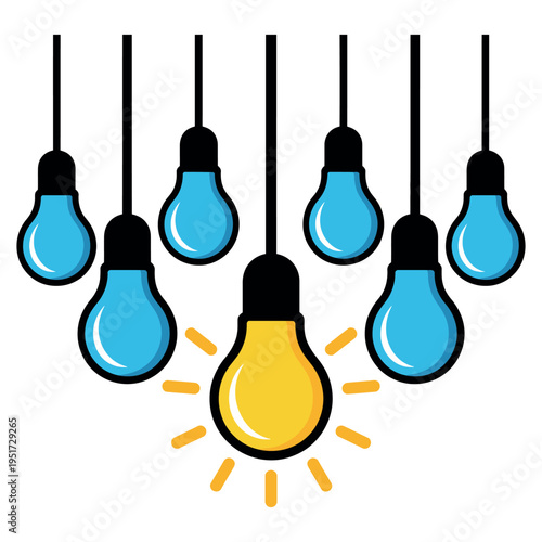 A bright yellow lightbulb stands out among blue ones