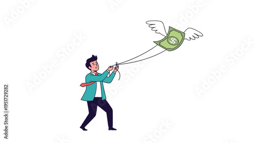 Businessman trying to catch a flying dollar bill with wings using a string for chasing wealth and more profit.