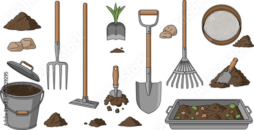 Soil Preparation and Gardening Tools Set with Fork, Spade, Rake, Bucket, Trowel, Sieve, and Soil Piles Illustrations