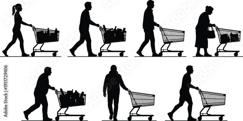 Silhouettes of diverse people pushing shopping carts in supermarket aisle, representing everyday grocery shopping lifestyle scene