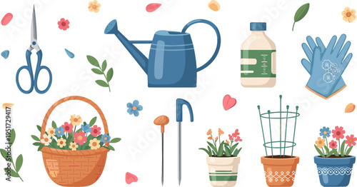 Flower Gardening Tools and Accessories Set with Scissors, Watering Can, Gloves, Flower Pots, Plant Stakes, Labels, and Flower Basket Illustrations