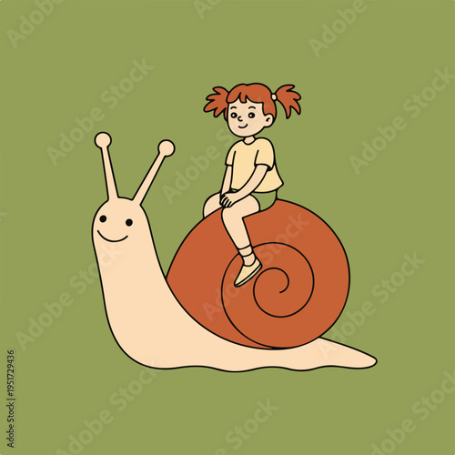 Girl happily riding on the back of a giant, friendly snail, symbolizing slowness, patience, and the joys of childhood imagination in a whimsical, lighthearted scene.