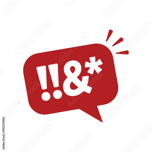 A red speech bubble with white exclamation marks and symbols