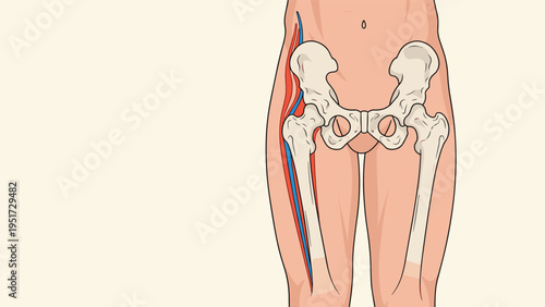 anatomical illustration of the human pelvis and hip bones showing the musculoskeletal structure including tendons and blood vessels in detail.