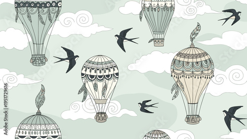 Charming seamless pattern featuring vintage hot air balloons and flying swallows among fluffy clouds in a soft pastel sky, creating a whimsical scene.