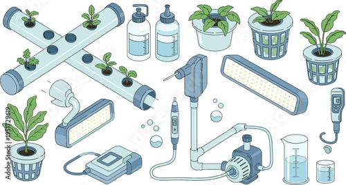 Hydroponic Gardening System Set with Grow Lights, Hydroponic Tubes, Water Pumps, pH Meters, Nutrient Bottles, and Growing Plants Illustrations