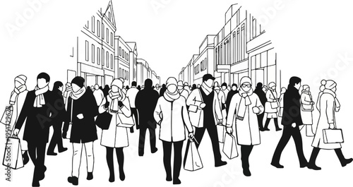People walking down a street lined with buildings, carrying shopping bags