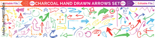 Charcoal hand drawn pencil emphasis arrows. Doodle curved chalk darts. Texture design elements of scribble lines. Vector illustration of hand painted crayon check lines.