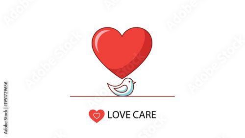 Cute illustration depicting a small bird standing under a large red heart, with LOVE CARE text, symbolizing affection and nurturing.
