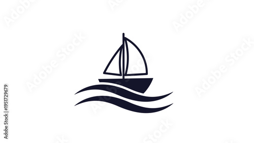 Minimalist black and white icon of a sailboat on stylized waves, representing sailing, travel, and marine adventure on a white background.