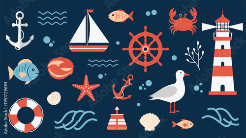Diverse collection of colorful nautical elements, including a lighthouse, sailboat, anchors, fish, and seashells, on a dark blue background.