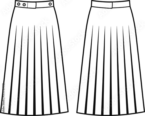 Women pleated skirt template with front and back views for fashion apparel design and clothing development, cad drawing flat vector illustration