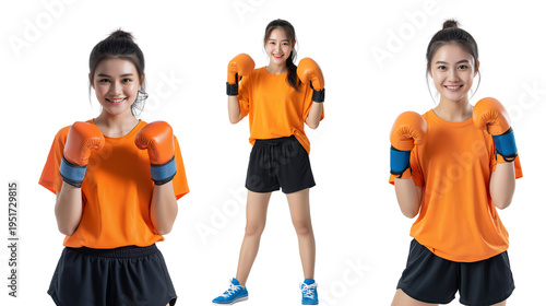 A cheerful young woman posing in a boxing stance, bright orange gloves.