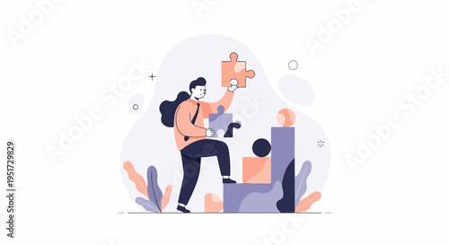 Person assembling puzzle pieces and climbing stairs