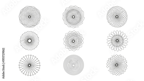 A collection of nine intricate abstract circular patterns created with fine lines, showcasing various geometric and swirling designs in monochrome on a white background.