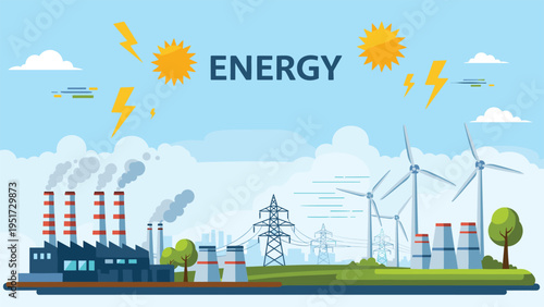 A comprehensive illustration depicting energy generation, showcasing both a coal power plant with smoke and clean wind turbines, with sun and lightning bolts symbolizing power.