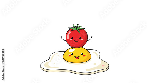 Whimsical illustration of a happy red tomato character standing playfully atop a smiling fried egg character, creating a charming and cute food-themed graphic.