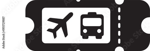Black and white travel ticket icon vector with airplane and bus symbols for transportation booking