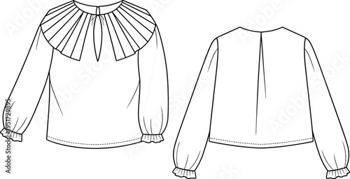 Women pleated collar blouse technical fashion drawing, long sleeve elegant top template front and back – cad drawing flat vector illustration