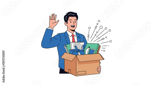Happy employee carrying a box of personal belongings and waving goodbye, symbolizing quitting a job or starting a new career path.
