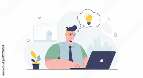 Person at laptop, with a bright idea bulb in a thought bubble