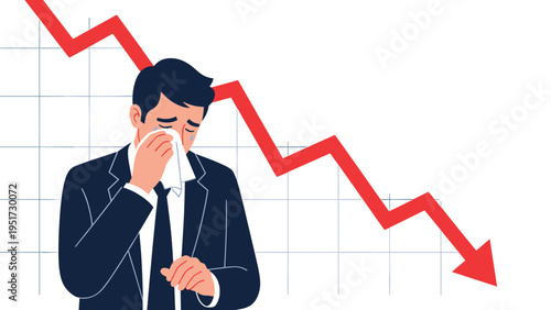 Stressed businessman crying in front of a falling red market graph symbolizes financial failure and economic recession impact.