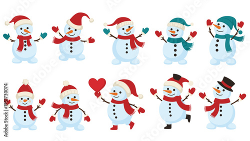 A charming collection of ten diverse and happy snowmen, each adorned with unique hats, colorful scarves, and mittens, showcasing various playful poses and expressions.