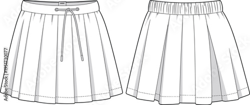 Women pleated drawstring waist skirt technical fashion sketch front and back view vector clothing design