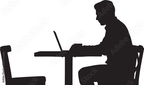 Silhouette of a person working on a laptop at a small table with chairs.