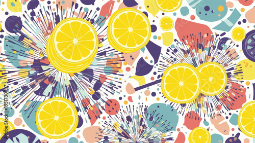 A vibrant seamless pattern featuring bright yellow lemon slices interspersed with colorful abstract splashes and geometric shapes, creating a lively and modern design.