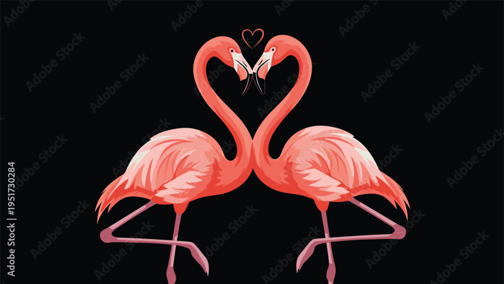 Naklejka premium Striking illustration of two elegant pink flamingos with their necks gracefully intertwined, forming a perfect heart shape, against a dark black background, symbolizing love.